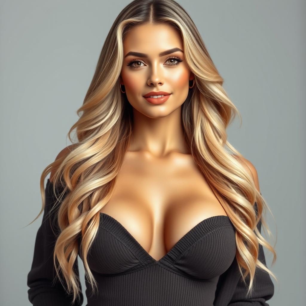 A hyper-realistic full body portrait of a beautiful supermodel with long, wavy, thick blonde hair cascading down her shoulders