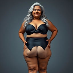 A full-body portrait of a 55-year-old Indian plus-size woman, confidently posed from the front