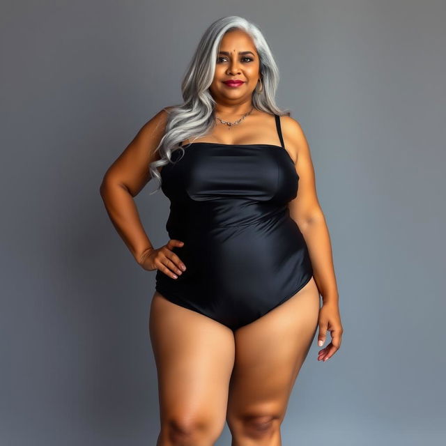 A full-body portrait of a 55-year-old Indian plus-size woman, confidently posed from the front