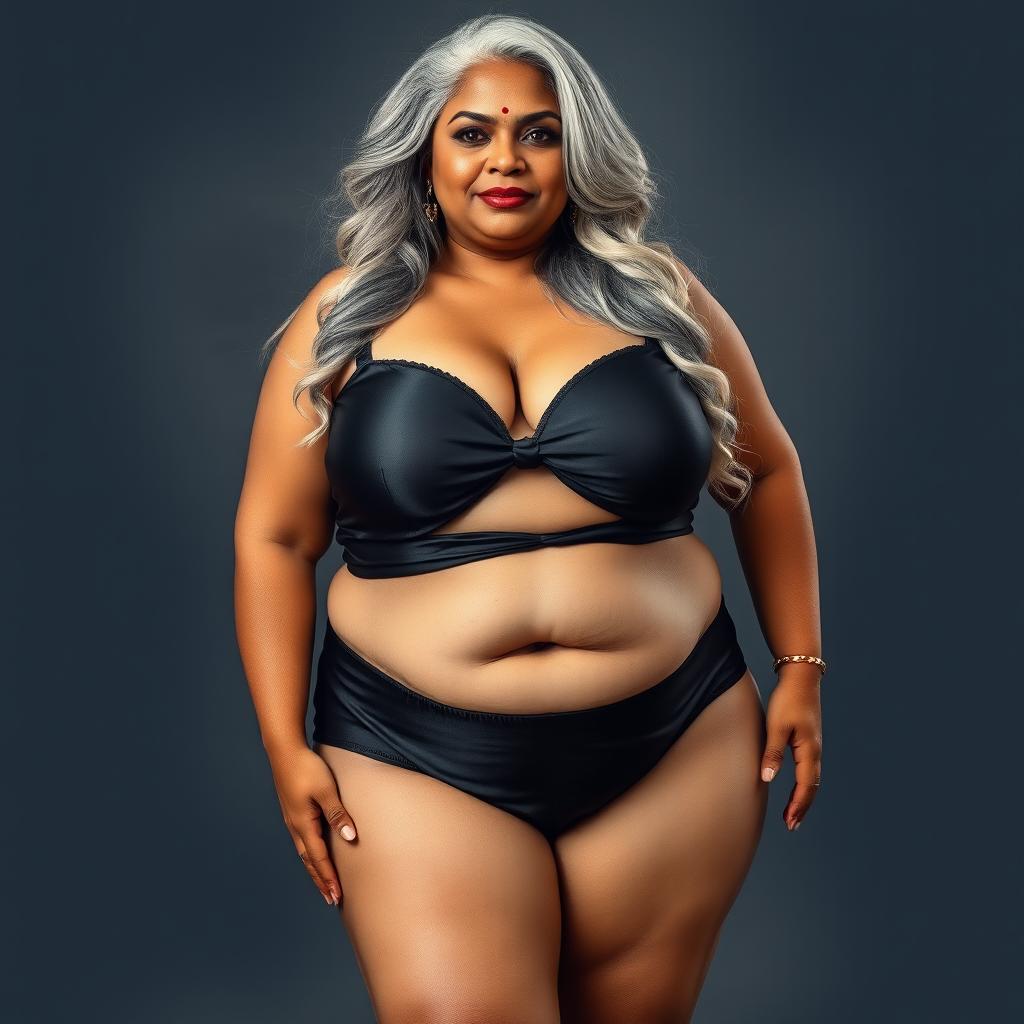 A full-body portrait of a 55-year-old Indian plus-size woman, confidently posed from the front