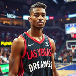 A tall, 22-year-old handsome black male professional basketball player representing the 'Las Vegas Dreamers'