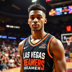 A tall, 22-year-old handsome black male professional basketball player representing the 'Las Vegas Dreamers'