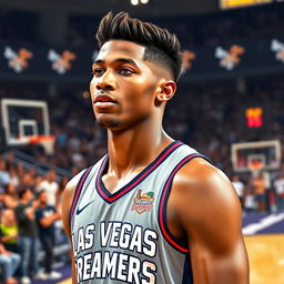 A tall, 22-year-old handsome black male professional basketball player representing the 'Las Vegas Dreamers'