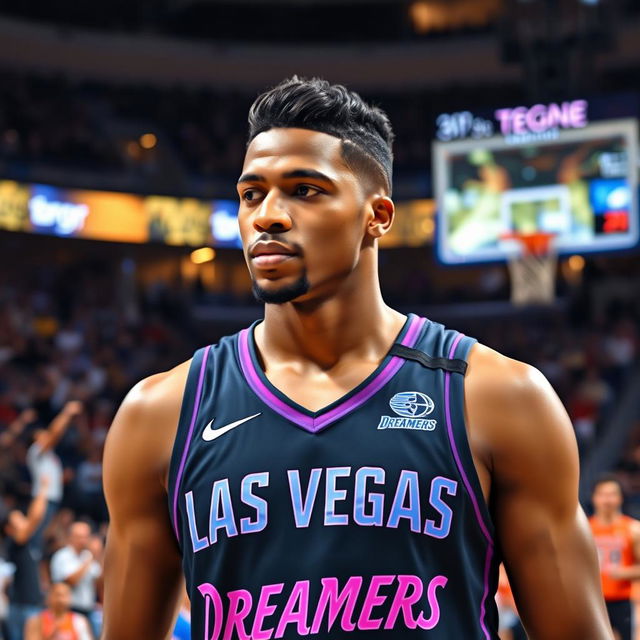 A tall, 22-year-old handsome black male professional basketball player representing the 'Las Vegas Dreamers'