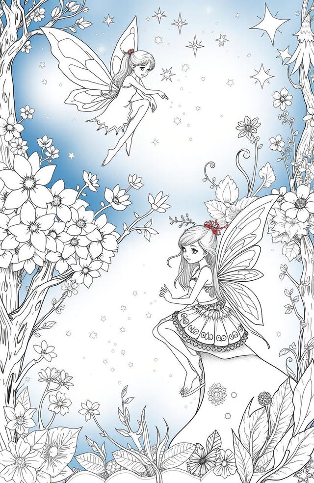 A collection of enchanting fairy illustrations for a coloring book, featuring whimsical fairies in various poses among magical forests