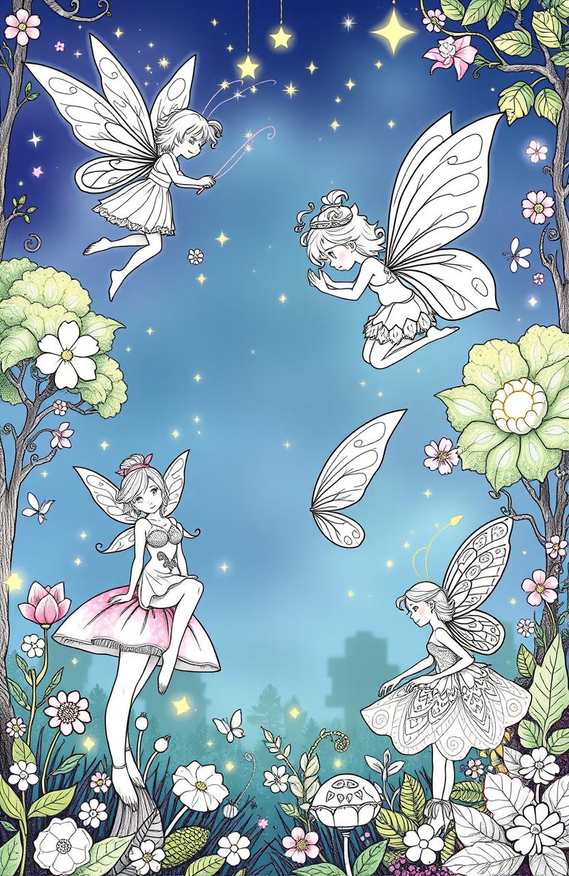 A collection of enchanting fairy illustrations for a coloring book, featuring whimsical fairies in various poses among magical forests