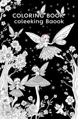 A collection of enchanting fairy illustrations for a coloring book, featuring whimsical fairies in various poses among magical forests