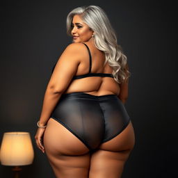A full-body portrait of a 55-year-old Indian plus-size woman, proudly posed from the front