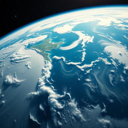 A stunning view of Earth from outer space, showcasing a vibrant blue planet with swirling white clouds and patches of green and brown landmasses