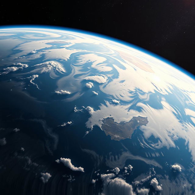 A stunning view of Earth from outer space, showcasing a vibrant blue planet with swirling white clouds and patches of green and brown landmasses