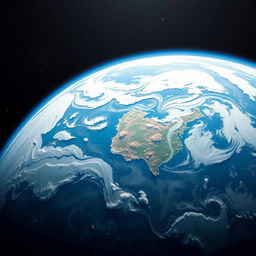 A stunning view of Earth from outer space, showcasing a vibrant blue planet with swirling white clouds and patches of green and brown landmasses