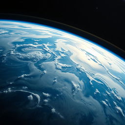 A stunning view of Earth from outer space, showcasing a vibrant blue planet with swirling white clouds and patches of green and brown landmasses