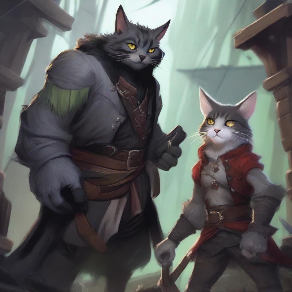 A vivid digital art piece, capturing a catfolk with black and grey fur in the midst of a stealthy backstabbing of an orc pirate