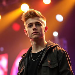 A tall and handsome 18-year-old white male American pop singer with a fresh fade haircut, reminiscent of Justin Bieber's cool style