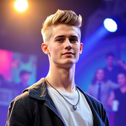 A tall and handsome 18-year-old white male American pop singer with a fresh fade haircut, reminiscent of Justin Bieber's cool style