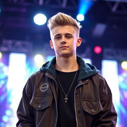 A tall and handsome 18-year-old white male American pop singer with a fresh fade haircut, reminiscent of Justin Bieber's cool style