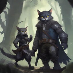 A vivid digital art piece, capturing a catfolk with black and grey fur in the midst of a stealthy backstabbing of an orc pirate