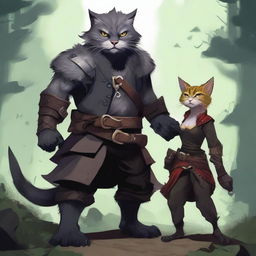 A vivid digital art piece, capturing a catfolk with black and grey fur in the midst of a stealthy backstabbing of an orc pirate