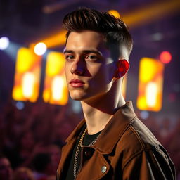 A tall, handsome, 18-year-old white male American pop singer with a fresh fade haircut and dark hair, showcasing striking dark features