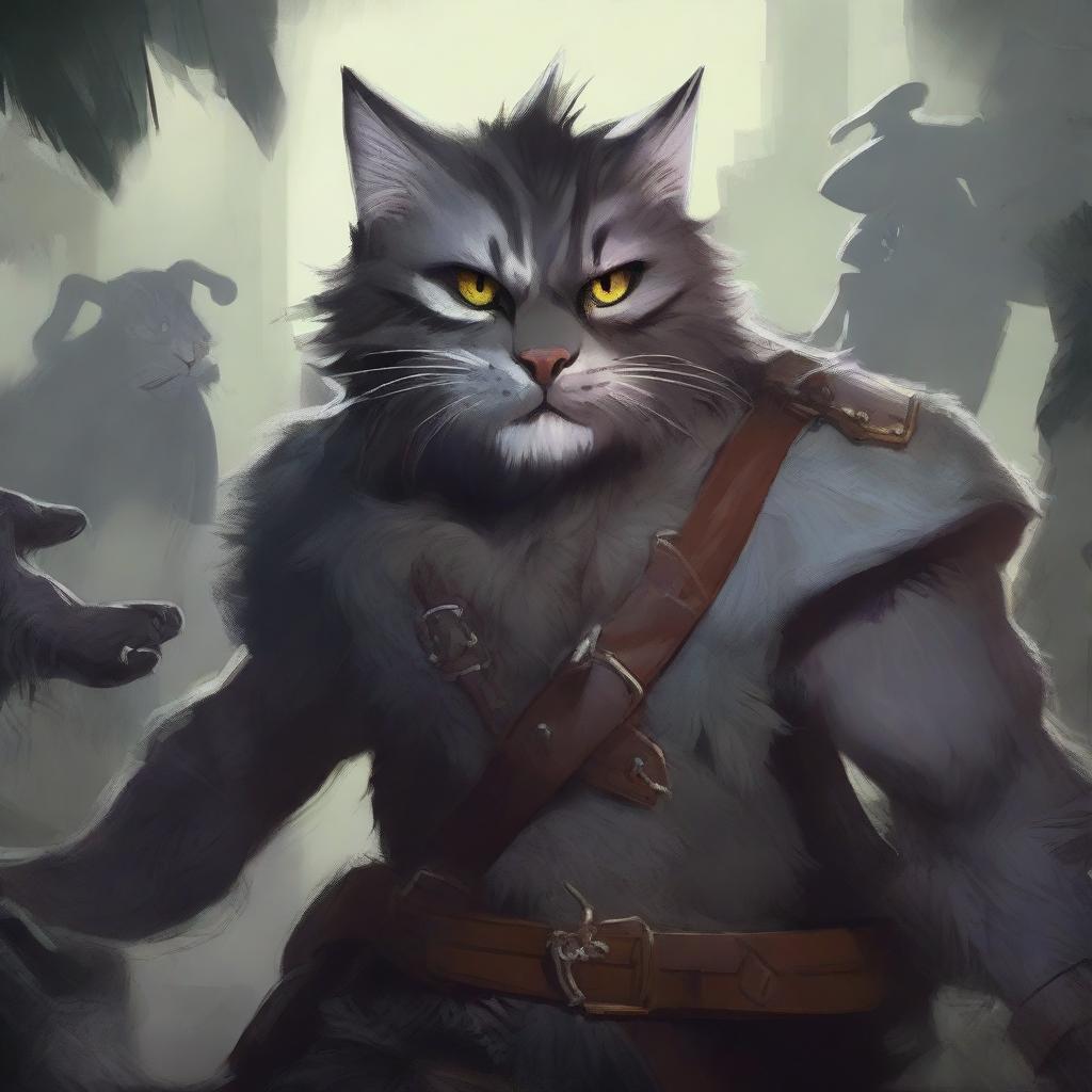 A vivid digital art piece, capturing a catfolk with black and grey fur in the midst of a stealthy backstabbing of an orc pirate