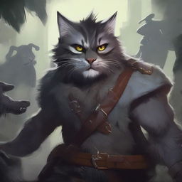 A vivid digital art piece, capturing a catfolk with black and grey fur in the midst of a stealthy backstabbing of an orc pirate