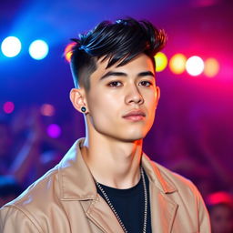 A tall, handsome, 18-year-old white male American pop singer with a fresh fade haircut and dark hair, showcasing striking dark features