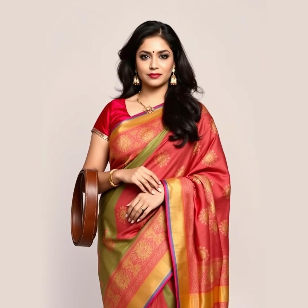 A confident lady wearing a traditional, elegant saree with intricate patterns