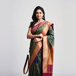 A confident lady wearing a traditional, elegant saree with intricate patterns