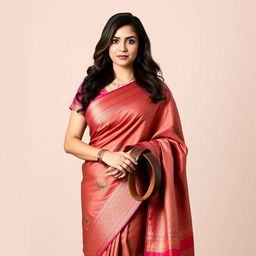 A confident lady wearing a traditional, elegant saree with intricate patterns