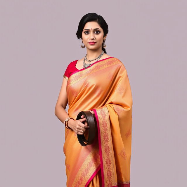 A confident lady wearing a traditional, elegant saree with intricate patterns