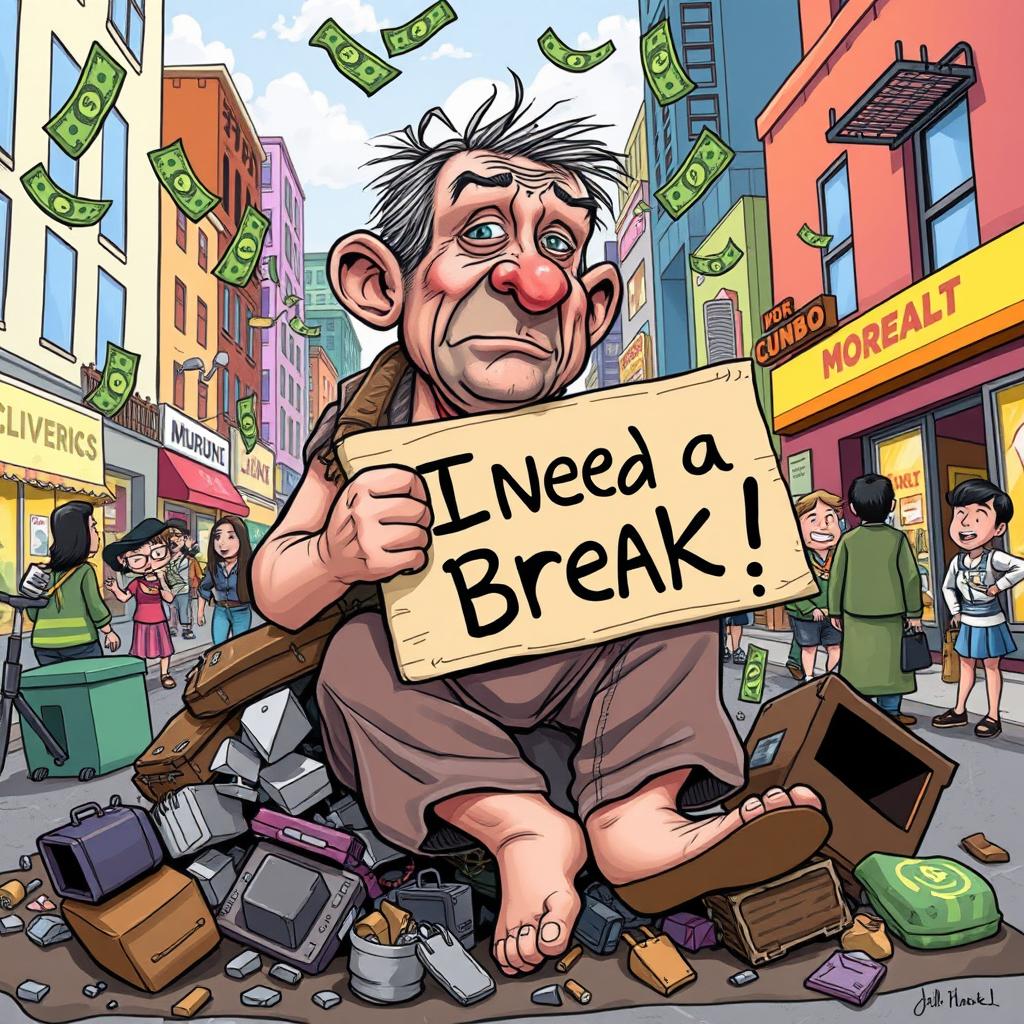 A satirical cartoon illustration depicting a poor person with exaggerated features to highlight humor and irony