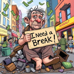 A satirical cartoon illustration depicting a poor person with exaggerated features to highlight humor and irony