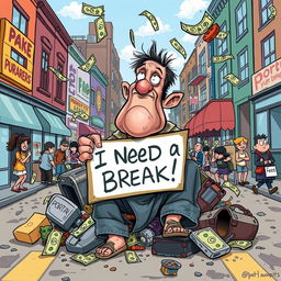 A satirical cartoon illustration depicting a poor person with exaggerated features to highlight humor and irony