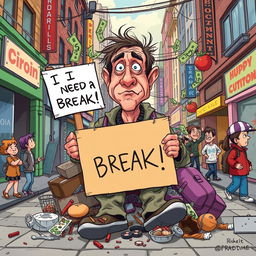 A satirical cartoon illustration depicting a poor person with exaggerated features to highlight humor and irony