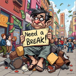 A satirical cartoon illustration depicting a poor person with exaggerated features to highlight humor and irony