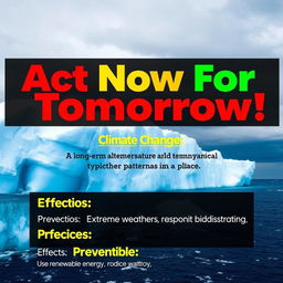A striking visual representation of climate change, featuring a melting ice cap and rising sea levels in the background