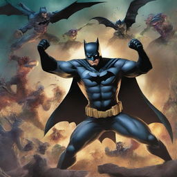 A high-quality digital art piece showcasing Batman from the DC universe engaged in a fierce battle with a character from One Piece