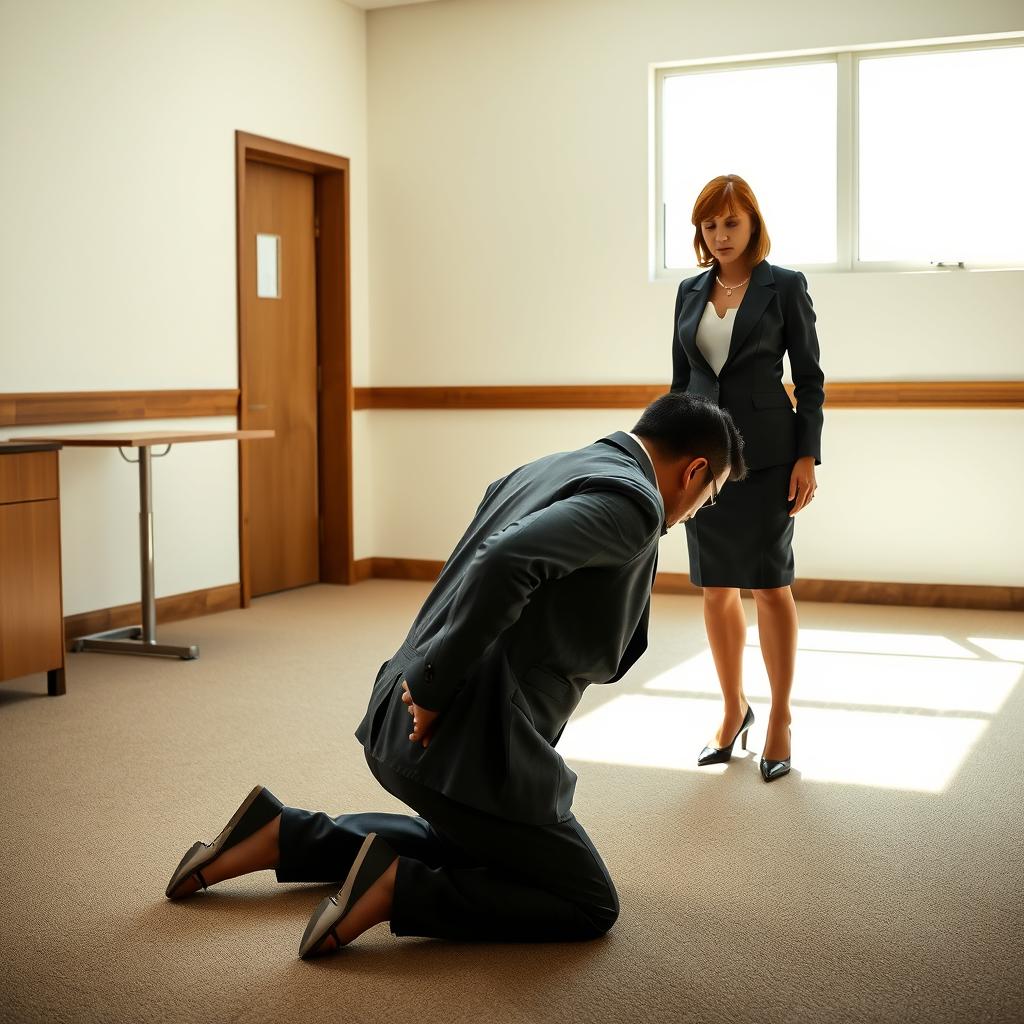 A scene depicting a man in the 'murga' punishment position, kneeling on the ground with his arms positioned behind his legs and his head lowered