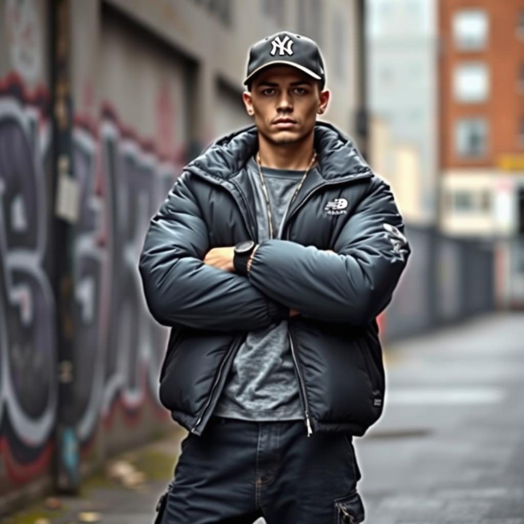 A realistic photo of a cool chav, with distinctive style, wearing a puffer jacket and a cap, standing against a urban background