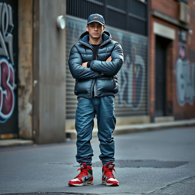 A realistic photo of a cool chav, with distinctive style, wearing a puffer jacket and a cap, standing against a urban background