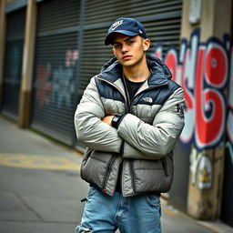 A realistic photo of a cool chav, with distinctive style, wearing a puffer jacket and a cap, standing against a urban background