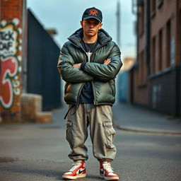 A realistic photo of a cool chav, with distinctive style, wearing a puffer jacket and a cap, standing against a urban background