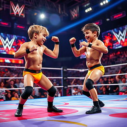 A dynamic scene depicting two small, athletic teen boys engaging in an exciting wrestling match on a colorful wrestling ring, both wearing bright brief underwear