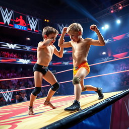 A dynamic scene depicting two small, athletic teen boys engaging in an exciting wrestling match on a colorful wrestling ring, both wearing bright brief underwear