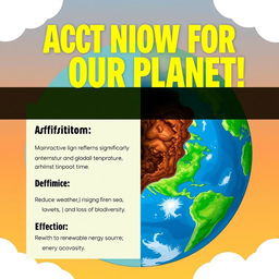 A visually striking and informative slogan picture on climate change, featuring bold text stating, 'Act Now for Our Planet!'