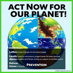 A visually striking and informative slogan picture on climate change, featuring bold text stating, 'Act Now for Our Planet!'