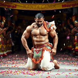 A strong muscular man kneeling in a traditional Murga position, showcasing a rigorous and dynamic stance