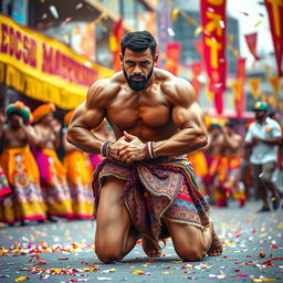 A strong muscular man kneeling in a traditional Murga position, showcasing a rigorous and dynamic stance