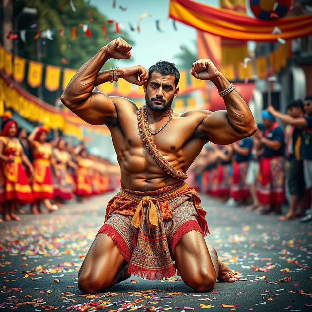 A strong muscular man kneeling in a traditional Murga position, showcasing a rigorous and dynamic stance