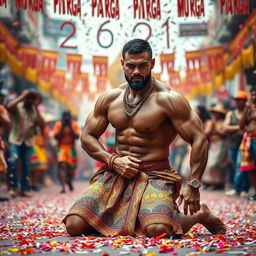 A strong muscular man kneeling in a traditional Murga position, showcasing a rigorous and dynamic stance
